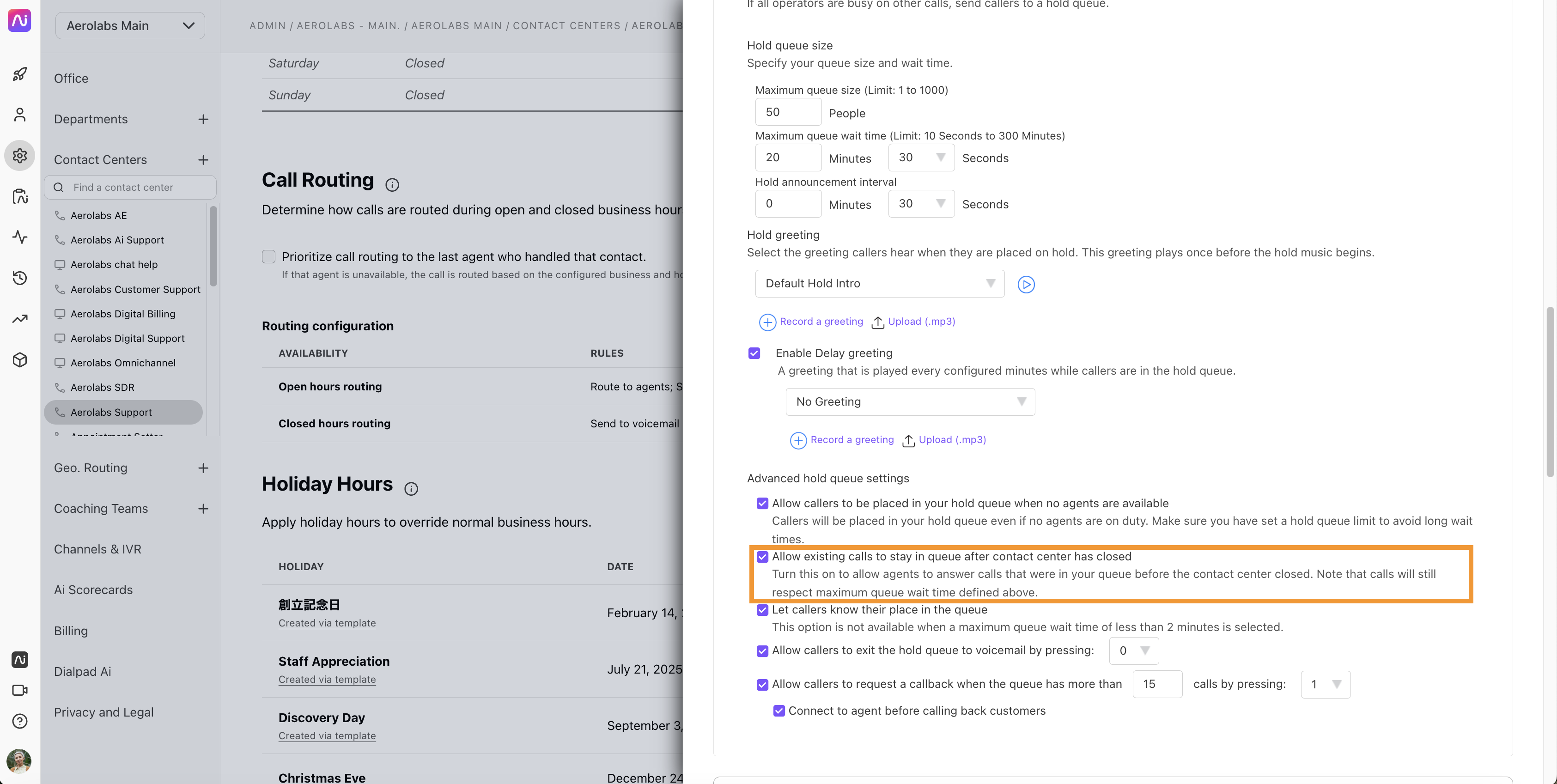 Settings for call routing and hold queue options, highlighting that calls already on hold can be answered after the contact center closes.